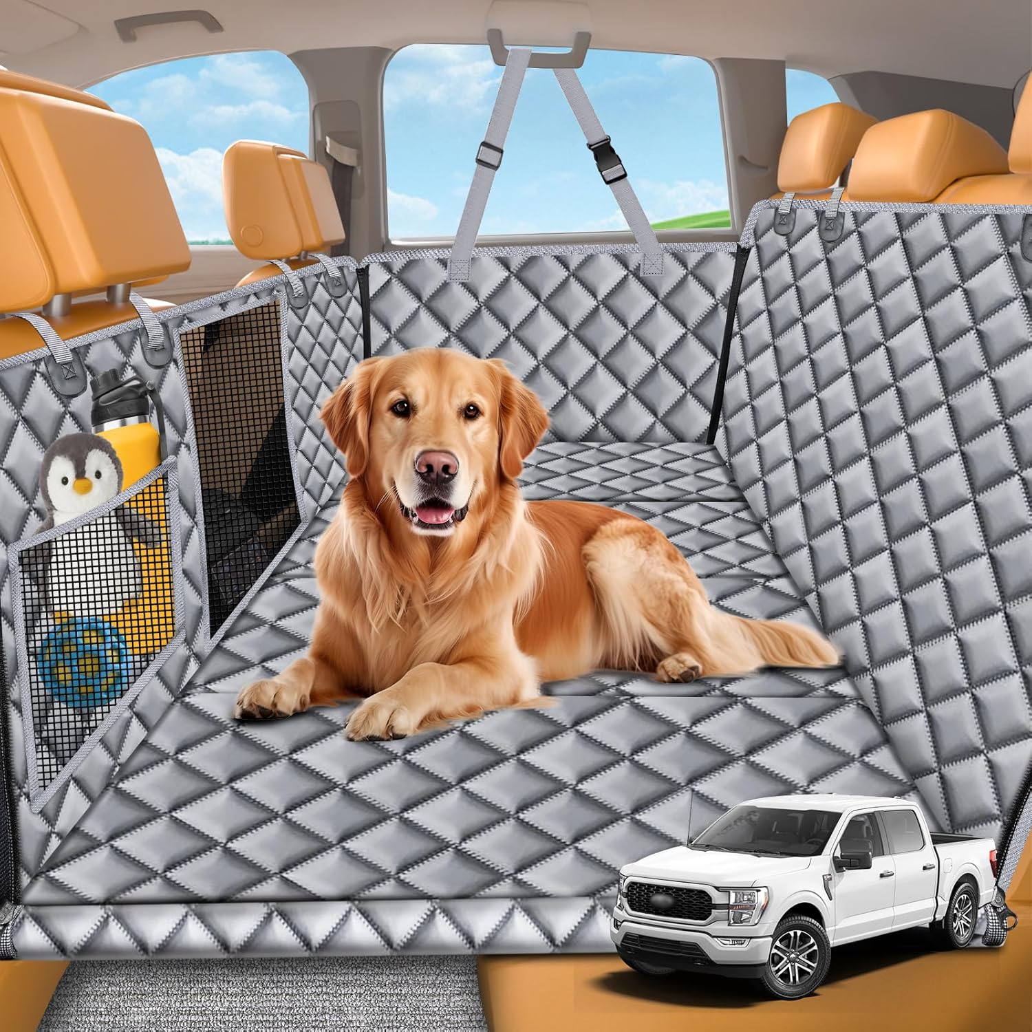 Backseat Extender for Dogs - Hard Bottom Dog Car Seat Cover for Back Seat, Dog Hammock for Car and SUV, Pet Rear Seat Protector Dogs Travel Bed with Mesh Window & Side Flaps